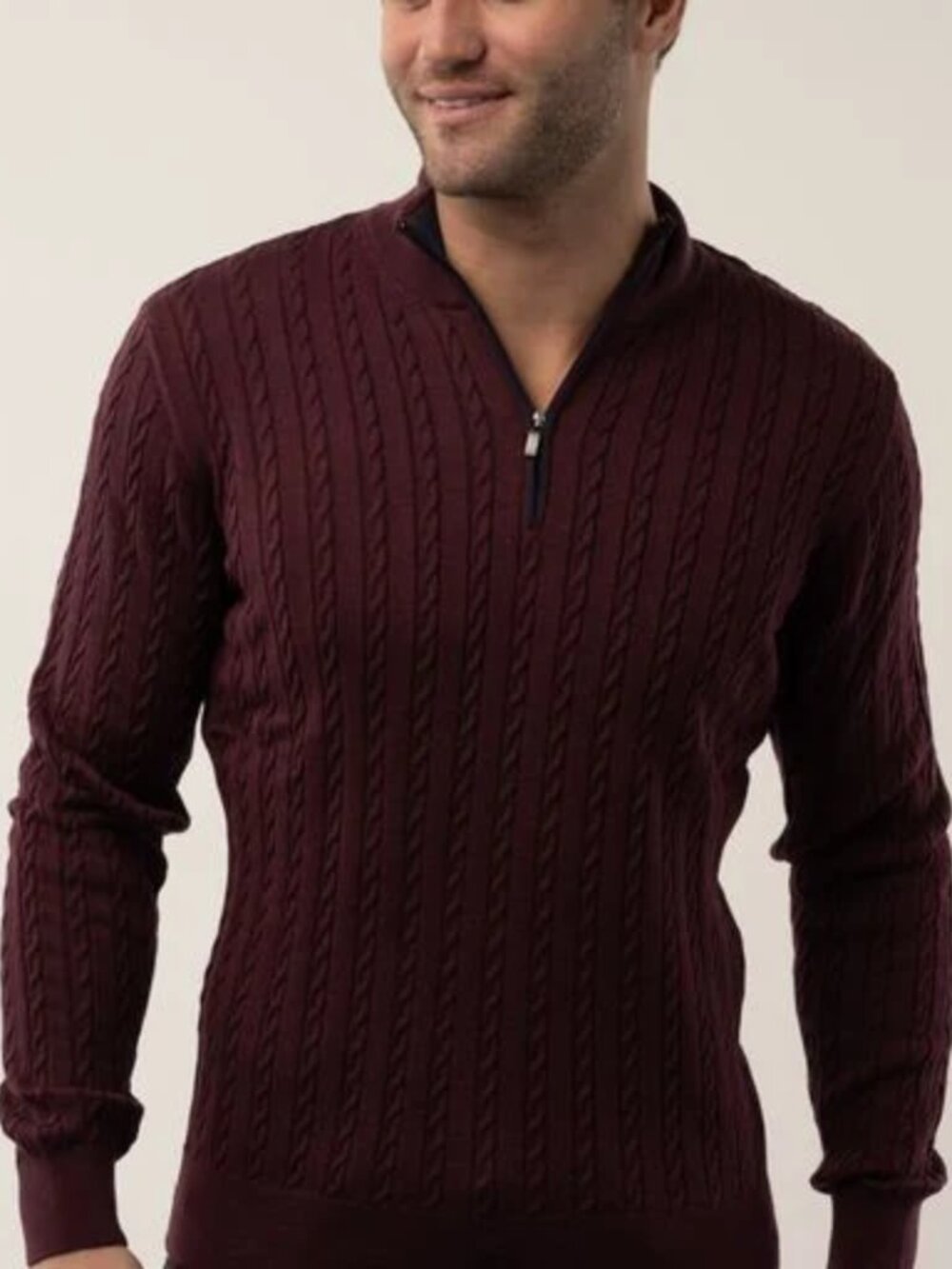 Luchiano Visconti Burgundy Quartz Zip Cable Long Sleeve Pullover/12748